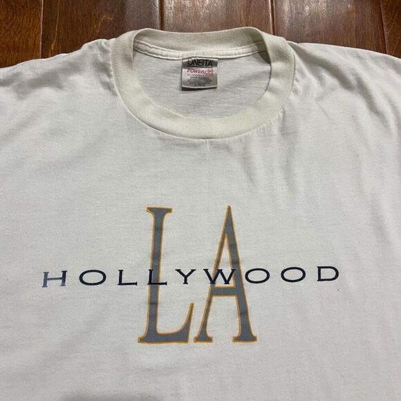 Oneita Vintage 90s Single Stitch Hollywood LA White Travel T-Shirt Mens XL - Picture 2 of 8